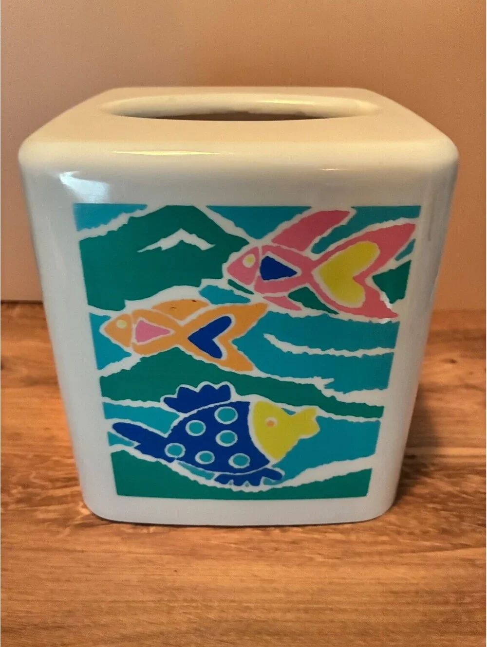 Vintage 90s Tropical Fish White Melamine Tissue Box Cover Holder Bathroom Decor